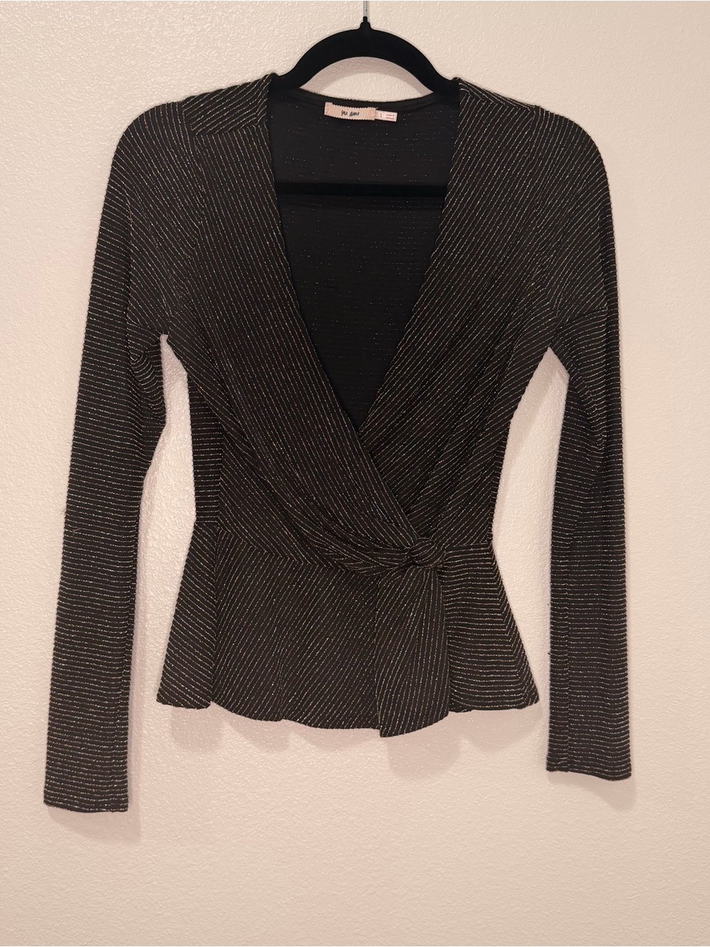 NYE Black Sparkle Stripe V-Neck Faux Wrap Top